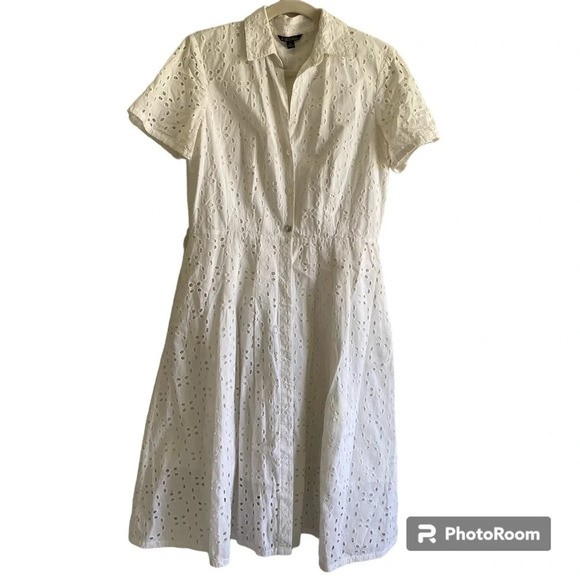 BROOKS Brothers 100% Cotton Eyelet Short Sleeve Midi Dress Size 6 (no belt) - Picture 2 of 16